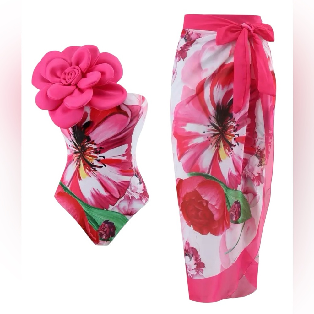 NWT Music Festival European and American Two-piece Swimsuit Set Rose S Hot Pink